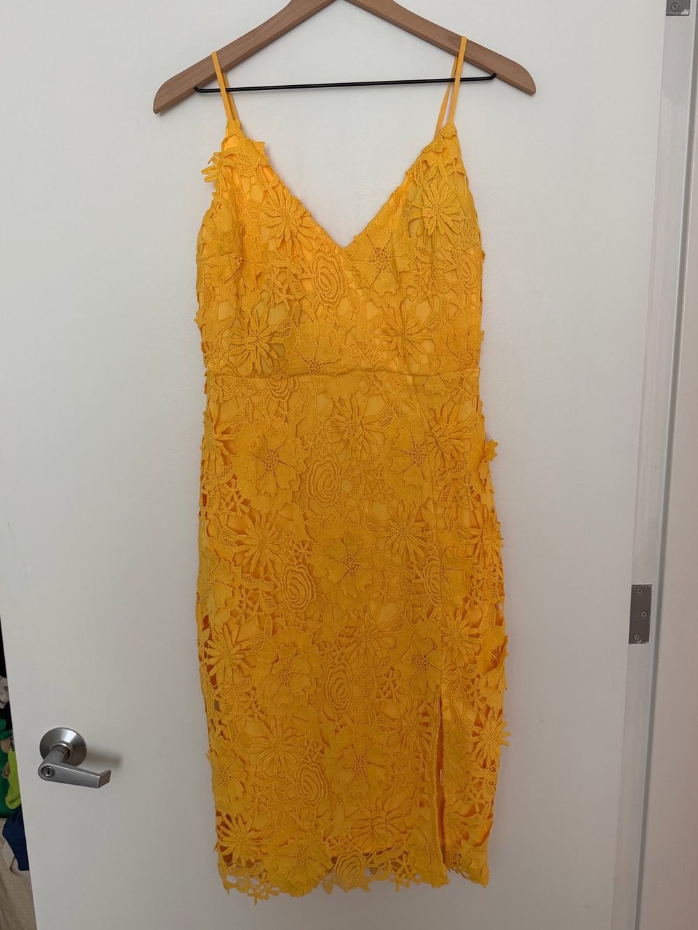 Lulu's Golden Yellow Floral Lace Midi Dress